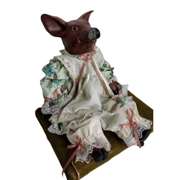 Antique Ceramic Macabre Anthropomorphic Pig Doll In Floral Dress & Bloomers - Picture 6 of 11